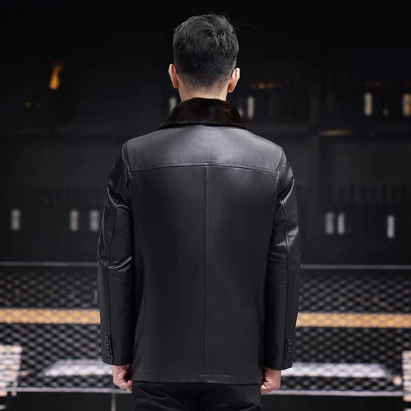 Ανδρικό μπουφάν από γνήσιο δέρμα βοδιού, μεσαίου μήκους, χαλαρή γραμμή, κλείσιμο με φερμουάρ, επένδυση από ακέτα