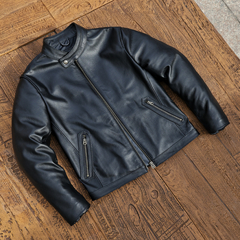 Ανδρικό δερμάτινο μπουφάν με όρθιο γιακά, φερμουάρ, πολλαπλές τσέπες, γνήσιο δέρμα προβάτου, σύντομο μήκος