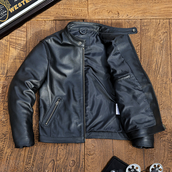 Ανδρικό δερμάτινο μπουφάν με όρθιο γιακά, φερμουάρ, πολλαπλές τσέπες, γνήσιο δέρμα προβάτου, σύντομο μήκος