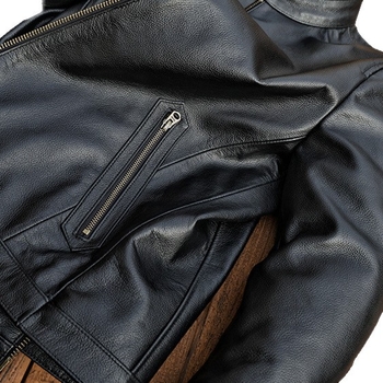 Ανδρικό δερμάτινο μπουφάν με όρθιο γιακά, φερμουάρ, πολλαπλές τσέπες, γνήσιο δέρμα προβάτου, σύντομο μήκος