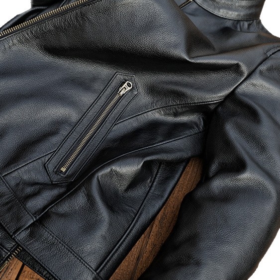 Ανδρικό δερμάτινο μπουφάν με όρθιο γιακά, φερμουάρ, πολλαπλές τσέπες, γνήσιο δέρμα προβάτου, σύντομο μήκος