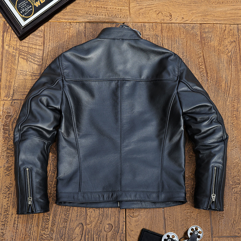 Ανδρικό δερμάτινο μπουφάν με όρθιο γιακά, φερμουάρ, πολλαπλές τσέπες, γνήσιο δέρμα προβάτου, σύντομο μήκος
