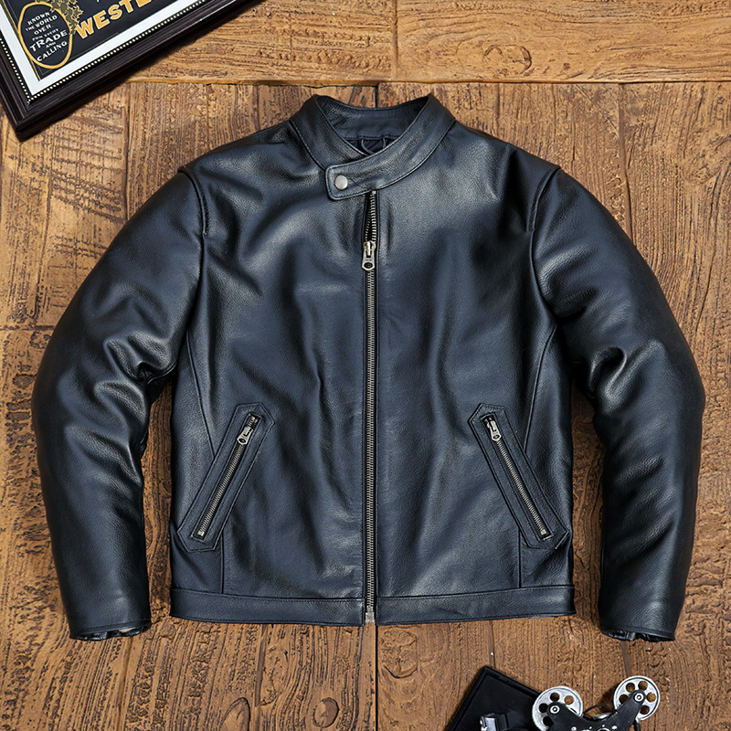 Ανδρικό δερμάτινο μπουφάν με όρθιο γιακά, φερμουάρ, πολλαπλές τσέπες, γνήσιο δέρμα προβάτου, σύντομο μήκος