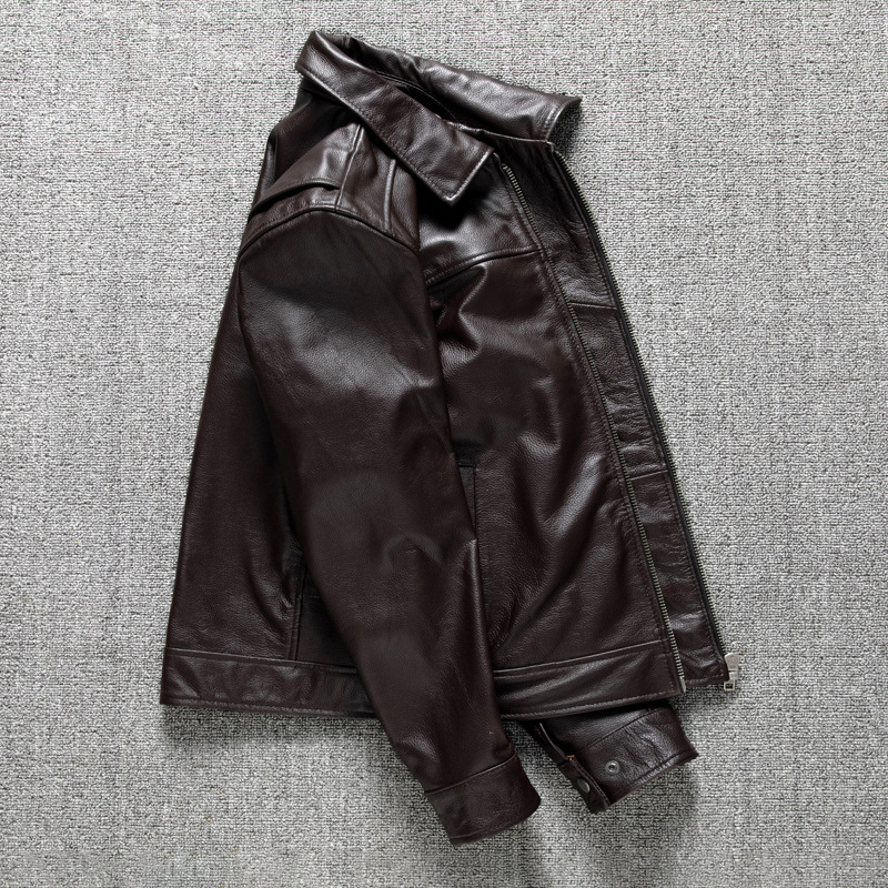 Ανδρικό δερμάτινο μπουφάν, γιακάς λαπέλ, φερμουάρ, γνήσιο δέρμα, πολλαπλές τσέπες