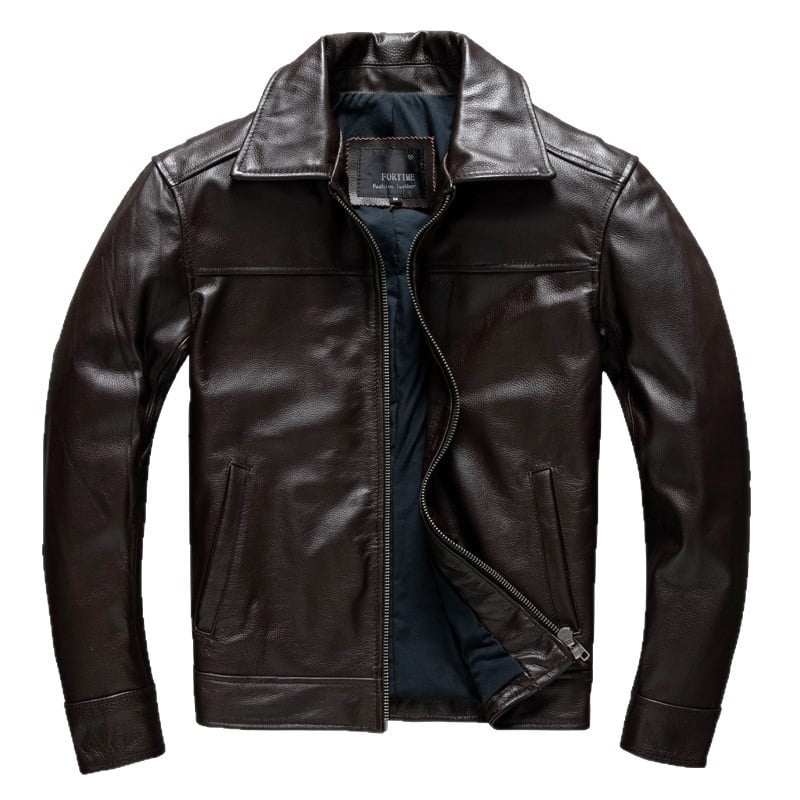 Ανδρικό δερμάτινο μπουφάν, γιακάς λαπέλ, φερμουάρ, γνήσιο δέρμα, πολλαπλές τσέπες