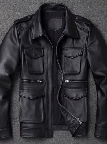 Muška kratka kožna jakna s reverom i zatvaračem — prirodna koža, ovčja koža, podstava od polipropilena, jesen 2025