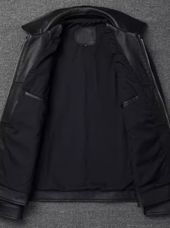 Muška kratka kožna jakna s reverom i zatvaračem — prirodna koža, ovčja koža, podstava od polipropilena, jesen 2025