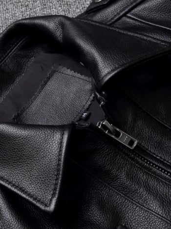 Muška kratka kožna jakna s reverom i zatvaračem — prirodna koža, ovčja koža, podstava od polipropilena, jesen 2025