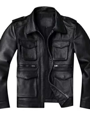 Muška kratka kožna jakna s reverom i zatvaračem — prirodna koža, ovčja koža, podstava od polipropilena, jesen 2025