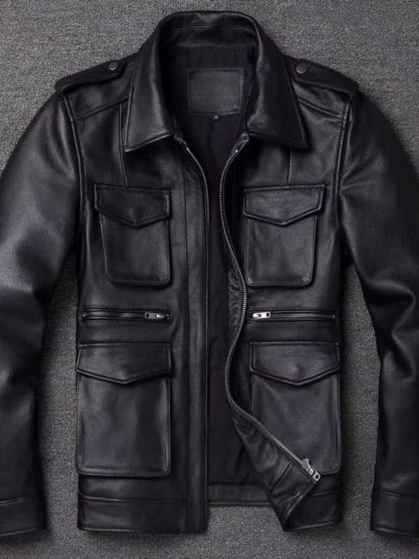 Muška kratka kožna jakna s reverom i zatvaračem — prirodna koža, ovčja koža, podstava od polipropilena, jesen 2025