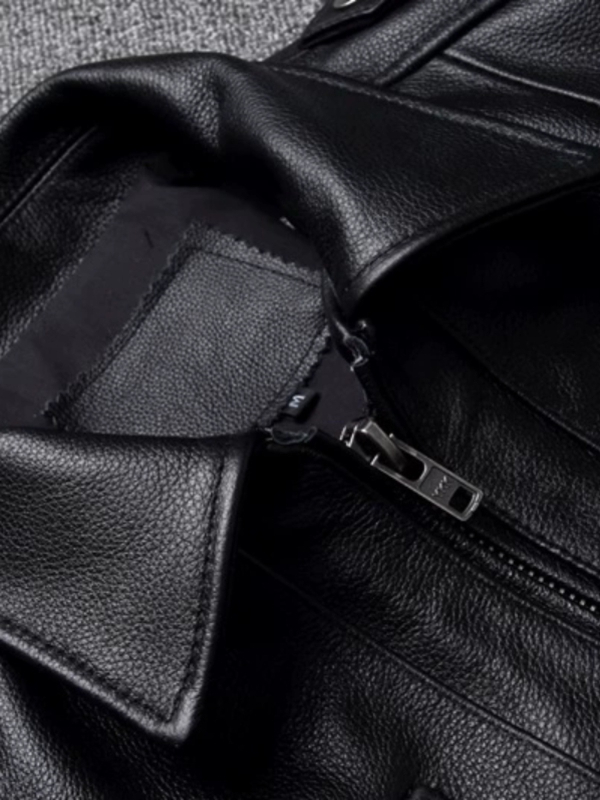 Muška kratka kožna jakna s reverom i zatvaračem — prirodna koža, ovčja koža, podstava od polipropilena, jesen 2025