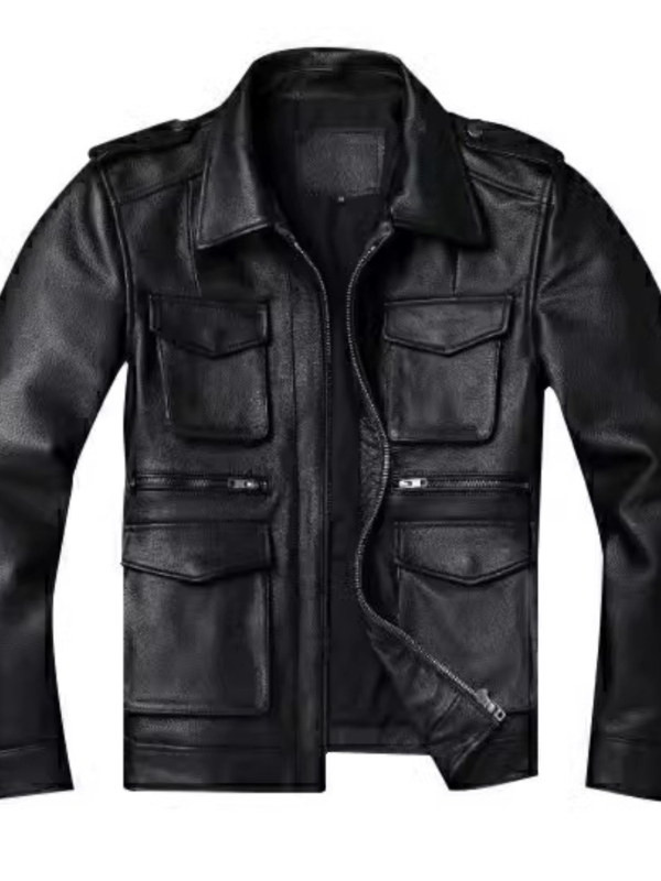 Muška kratka kožna jakna s reverom i zatvaračem — prirodna koža, ovčja koža, podstava od polipropilena, jesen 2025