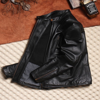 Δερμάτινο μπουφάν σε στενή γραμμή με στάντ γιακά και φερμουάρ, γνήσιο δέρμα