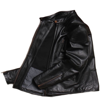 Δερμάτινο μπουφάν σε στενή γραμμή με στάντ γιακά και φερμουάρ, γνήσιο δέρμα