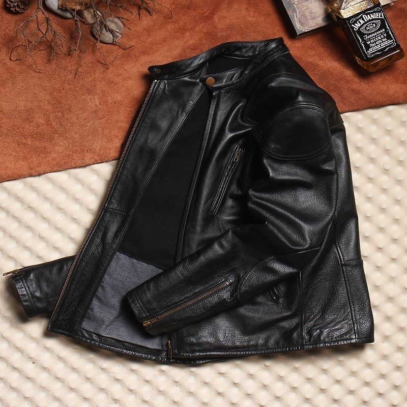 Δερμάτινο μπουφάν σε στενή γραμμή με στάντ γιακά και φερμουάρ, γνήσιο δέρμα