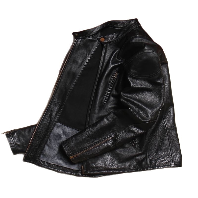 Δερμάτινο μπουφάν σε στενή γραμμή με στάντ γιακά και φερμουάρ, γνήσιο δέρμα