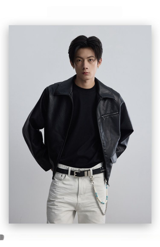 Muška PU kožna jakna za motocikle sa stojećim ovratnikom i zatvaračem (podstava od acetata; više džepova)