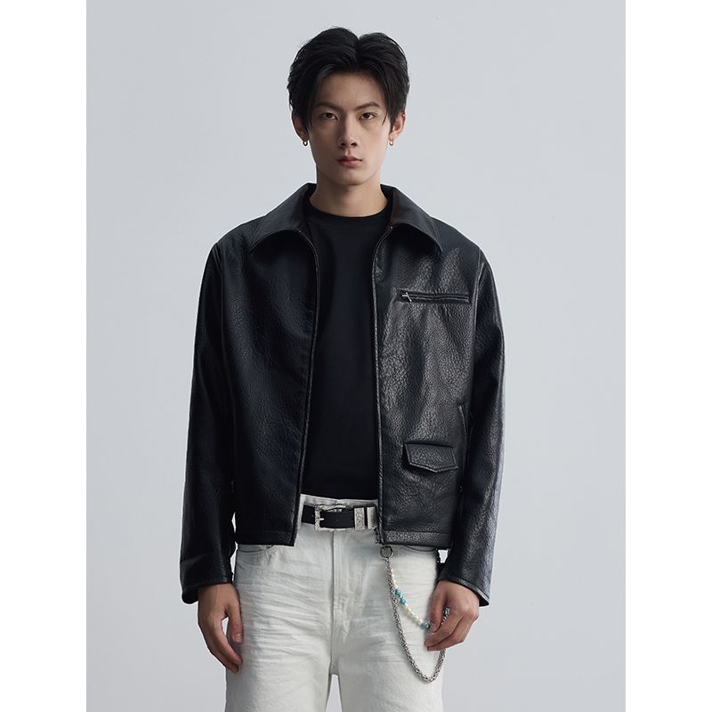 Muška PU kožna jakna za motocikle sa stojećim ovratnikom i zatvaračem (podstava od acetata; više džepova)