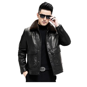 Muška jakna od teleće kože, gradski stil, uski kroj, zatvarač, odvojiva kragna od krzna