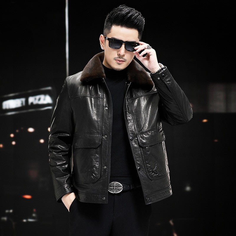 Muška jakna od teleće kože, gradski stil, uski kroj, zatvarač, odvojiva kragna od krzna
