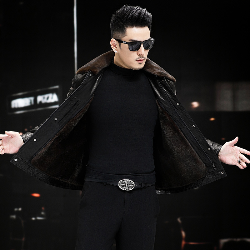 Muška jakna od teleće kože, gradski stil, uski kroj, zatvarač, odvojiva kragna od krzna