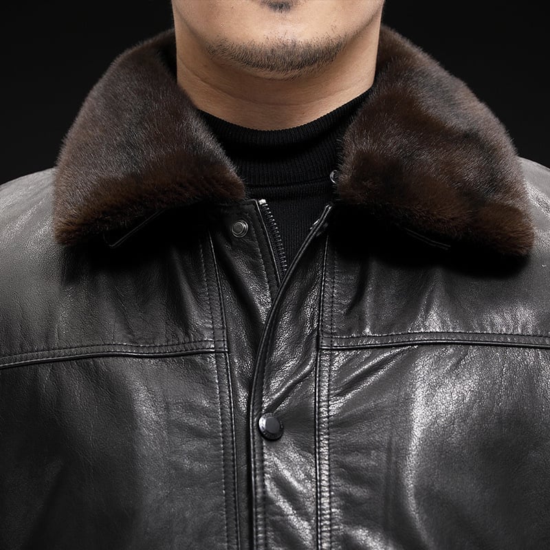 Muška jakna od teleće kože, gradski stil, uski kroj, zatvarač, odvojiva kragna od krzna