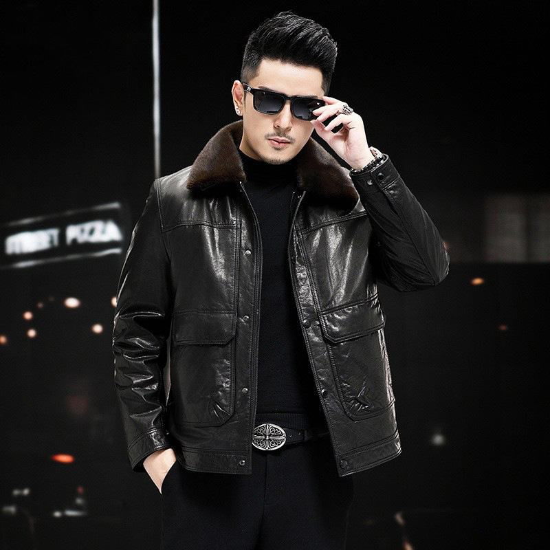 Muška jakna od teleće kože, gradski stil, uski kroj, zatvarač, odvojiva kragna od krzna