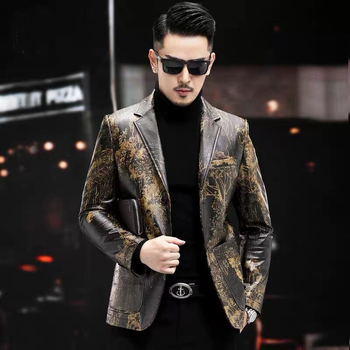 Ανδρικό γνήσιο δερμάτινο μπουφάν από προβατόδερμα με εκτύπωση φυτών, μονόμπροστο, γιακά σακάκι, στενή εφαρμογή