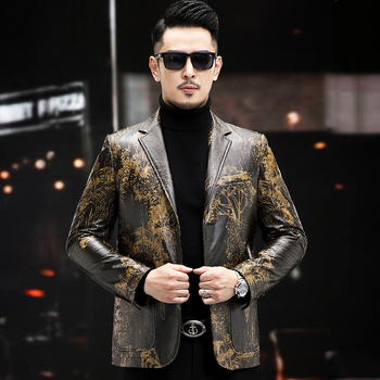 Ανδρικό γνήσιο δερμάτινο μπουφάν από προβατόδερμα με εκτύπωση φυτών, μονόμπροστο, γιακά σακάκι, στενή εφαρμογή