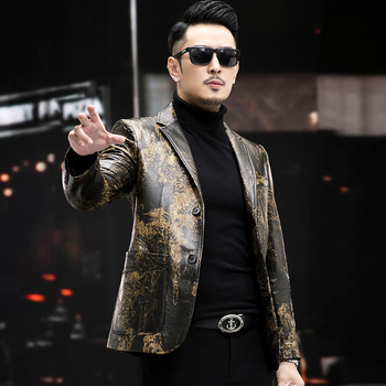 Ανδρικό γνήσιο δερμάτινο μπουφάν από προβατόδερμα με εκτύπωση φυτών, μονόμπροστο, γιακά σακάκι, στενή εφαρμογή