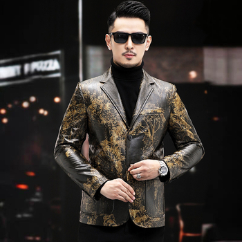 Ανδρικό γνήσιο δερμάτινο μπουφάν από προβατόδερμα με εκτύπωση φυτών, μονόμπροστο, γιακά σακάκι, στενή εφαρμογή