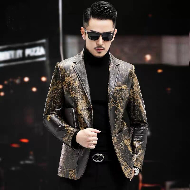 Ανδρικό γνήσιο δερμάτινο μπουφάν από προβατόδερμα με εκτύπωση φυτών, μονόμπροστο, γιακά σακάκι, στενή εφαρμογή