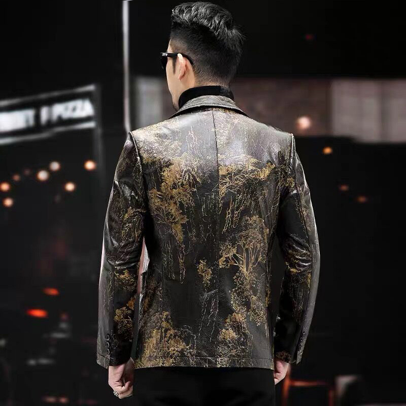 Ανδρικό γνήσιο δερμάτινο μπουφάν από προβατόδερμα με εκτύπωση φυτών, μονόμπροστο, γιακά σακάκι, στενή εφαρμογή