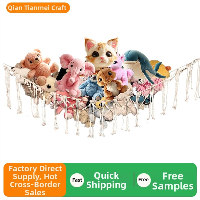 Trokutasta mreža za pohranu plišanih igračaka – ručno pletena od pamukane užadi, kutna viseća mreža s resicama