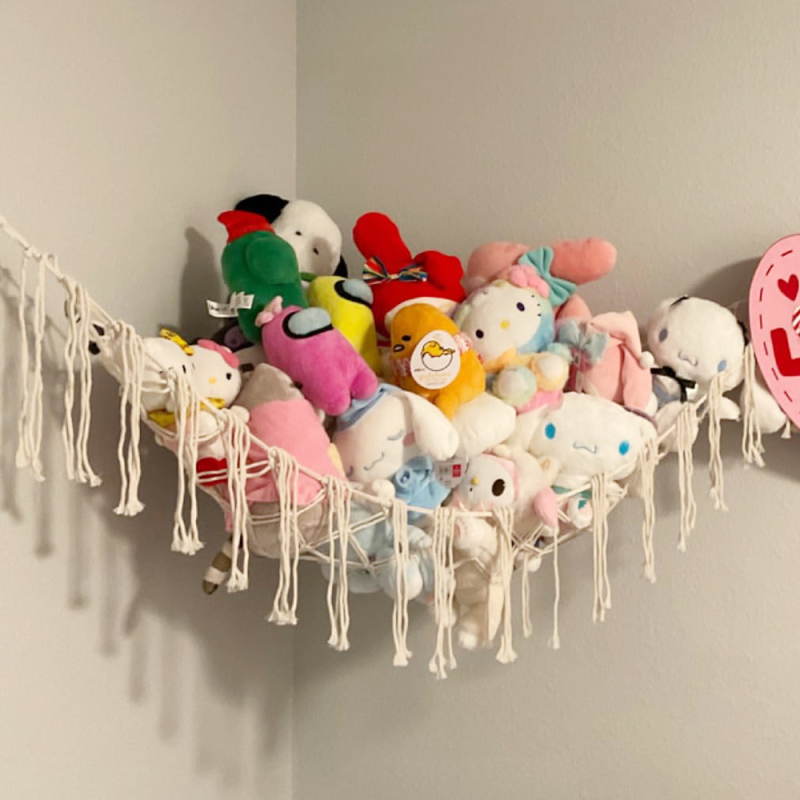 Trokutasta mreža za pohranu plišanih igračaka – ručno pletena od pamukane užadi, kutna viseća mreža s resicama