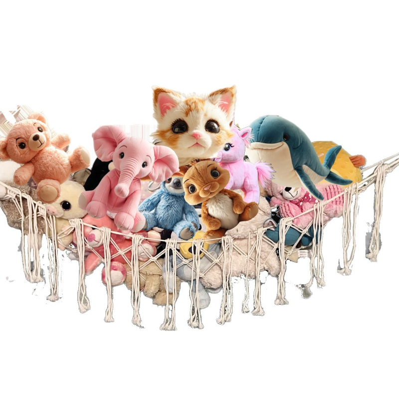 Trokutasta mreža za pohranu plišanih igračaka – ručno pletena od pamukane užadi, kutna viseća mreža s resicama