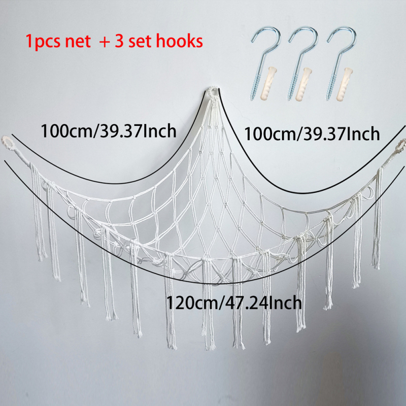 Trokutasta mreža za pohranu plišanih igračaka – ručno pletena od pamukane užadi, kutna viseća mreža s resicama