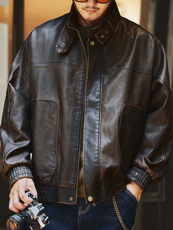 Jachetă din piele PU pentru bărbați - guler înalt, nasturi pe un rând, croială lejeră, culoare uni