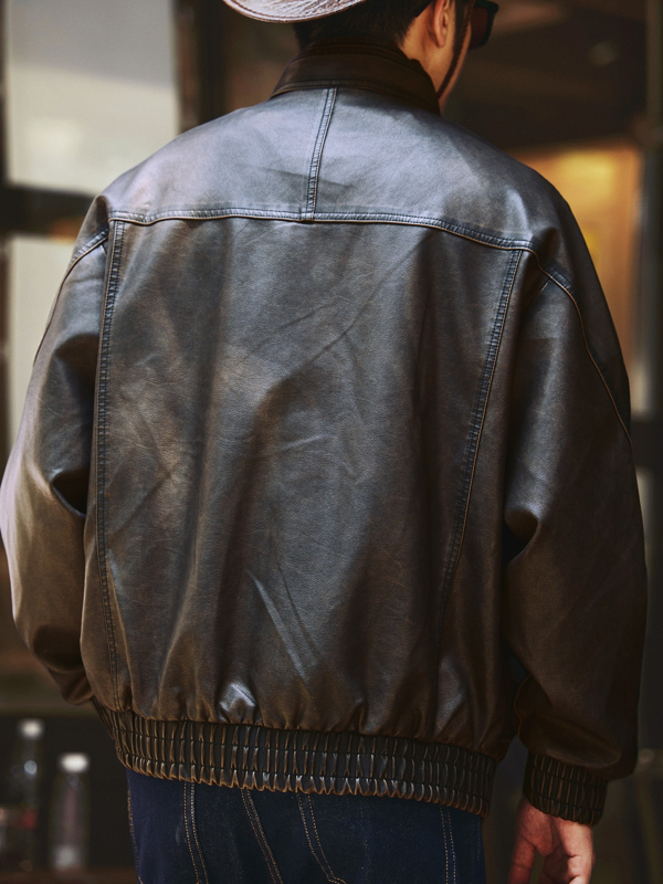 Jachetă din piele PU pentru bărbați - guler înalt, nasturi pe un rând, croială lejeră, culoare uni