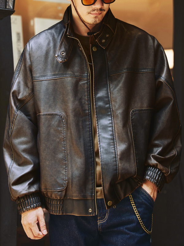 Jachetă din piele PU pentru bărbați - guler înalt, nasturi pe un rând, croială lejeră, culoare uni