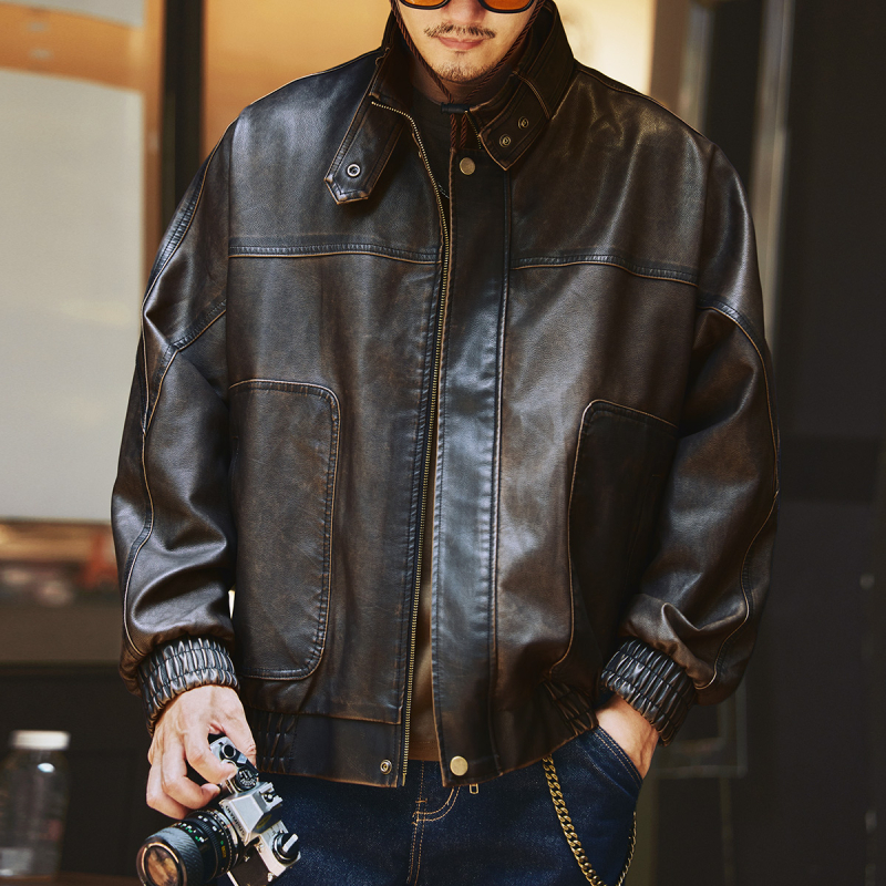 Jachetă din piele PU pentru bărbați - guler înalt, nasturi pe un rând, croială lejeră, culoare uni