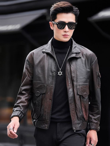 Jachetă din piele PU cu finisaj two-tone oil-wax, croială slim, lungime scurtă, închidere cu fermoar, pentru bărbați