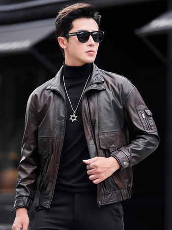 Jachetă din piele PU cu finisaj two-tone oil-wax, croială slim, lungime scurtă, închidere cu fermoar, pentru bărbați