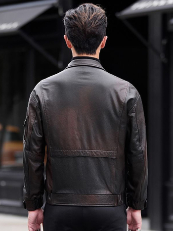 Jachetă din piele PU cu finisaj two-tone oil-wax, croială slim, lungime scurtă, închidere cu fermoar, pentru bărbați