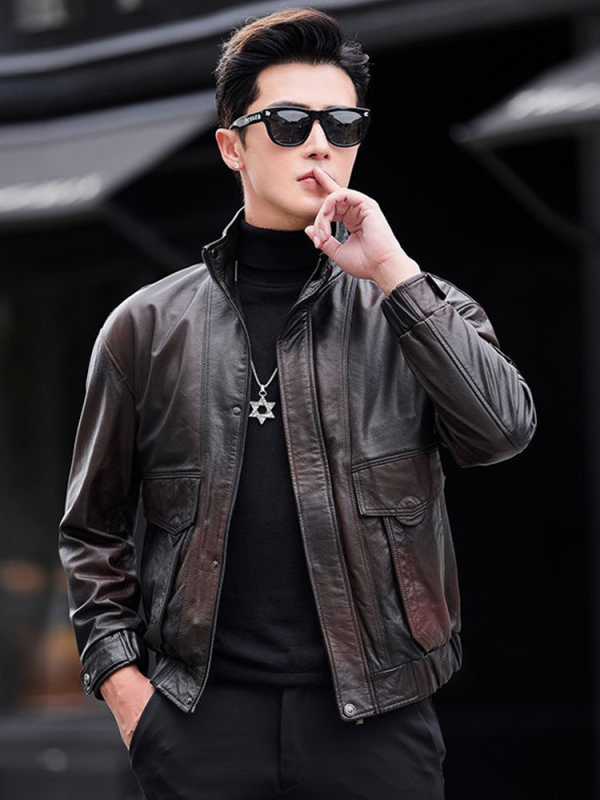 Jachetă din piele PU cu finisaj two-tone oil-wax, croială slim, lungime scurtă, închidere cu fermoar, pentru bărbați