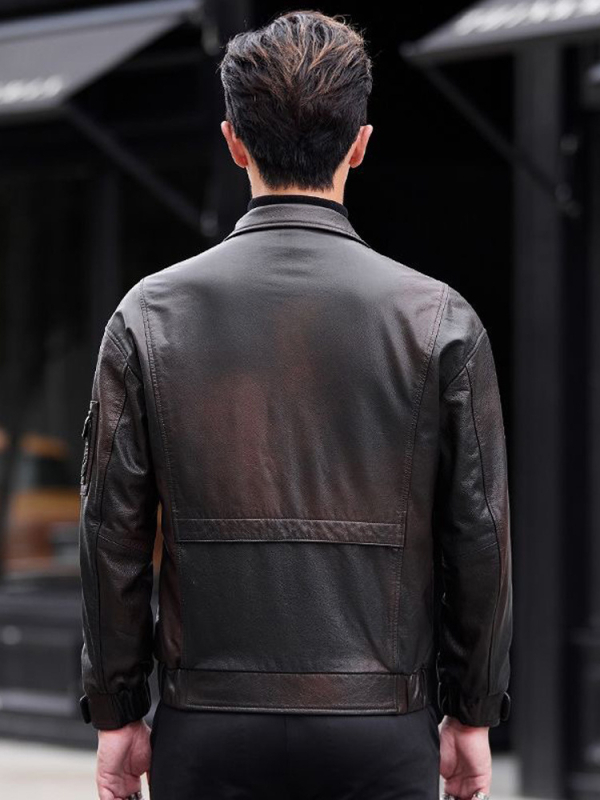 Jachetă din piele PU cu finisaj two-tone oil-wax, croială slim, lungime scurtă, închidere cu fermoar, pentru bărbați