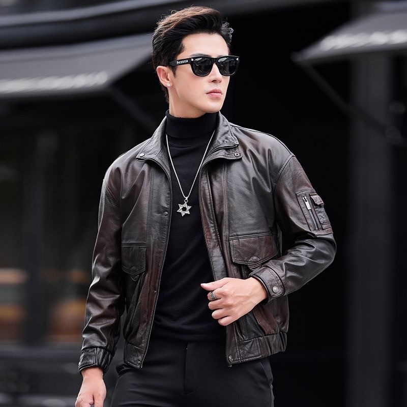 Jachetă din piele PU cu finisaj two-tone oil-wax, croială slim, lungime scurtă, închidere cu fermoar, pentru bărbați