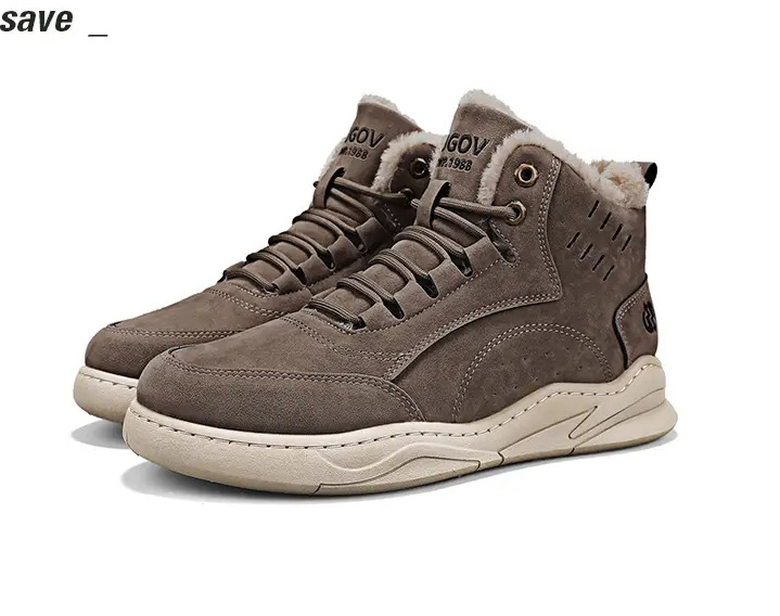 Мъжки домашни обувки с висок връх, топла велур подплата, синтетична кожа горна част, гумена подметка и връзки