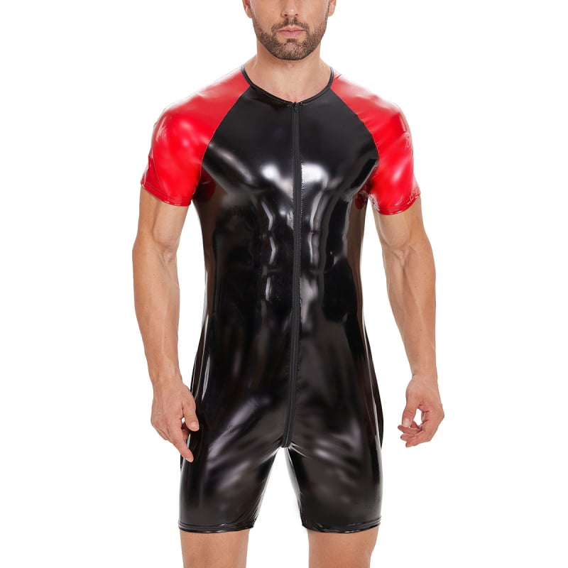 Muški jumpsuit od PVC lažne kože, uski kroj, zip sprijed, dugačak 80–100 cm, podstava od spandeksa