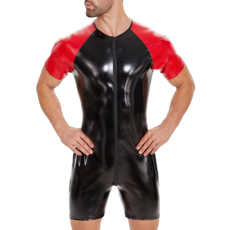 Muški jumpsuit od PVC lažne kože, uski kroj, zip sprijed, dugačak 80–100 cm, podstava od spandeksa